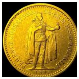 1897 Hungary Gold 10 Korona KM# 485. CLOSELY UNCIR