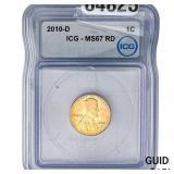 2010-D Lincoln Shield Penny ICG MS67 RD