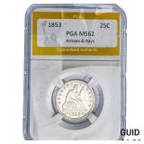1853 Seated Liberty Quarter PGA MS62 Arrows & Rays