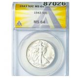 1943 Walking Liberty Half Dollar ANACS MS64