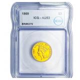 1869 $3 Gold Piece ICG AU53 Rare Date