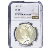 1922 Silver Peace Dollar NGC MS63