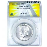 1964-D Kennedy Half Dollar ANACS MS63