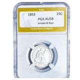 1853 Seated Liberty Quarter PGA AU58 Arrows & Rays