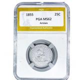 1855 Seated Liberty Quarter PGA MS62 Arrows