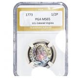 1773 U.S. Colonial Virginia Halfpenny PGA MS65