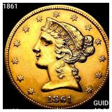 1861 $5 Gold Half Eagle CHOICE AU
