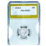 1918-S Mercury Silver Dime PGA MS64