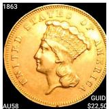 1863 $3 Gold Piece CHOICE AU