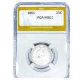 1861 Seated Liberty Quarter PGA MS61