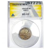 1913-D Buffalo Nickel ANACS MS62 VAR 1