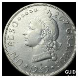 1939 Dominican Republic Silver 1 Peso