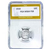 1918 Mercury Silver Dime PGA MS64 FSB