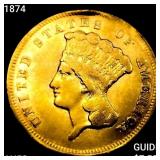 1874 $3 Gold Piece CHOICE AU