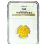 1908-D $5 Gold Half Eagle NGC MS64