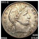 1911-S Barber Half Dollar GEM BU