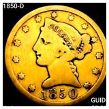 1850-D $5 Gold Half Eagle NICELY CIRCULATED