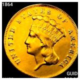 1864 $3 Gold Piece CHOICE AU