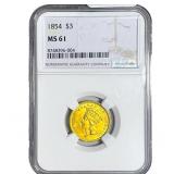 1854 $3 Gold Piece NGC MS61