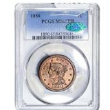 1850 CAC Braided Hair Large Cent PCGS MS65 RB
