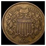 1866 Bronze Two-Cent Piece NEARLY UNCIRCULATED