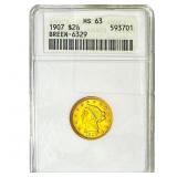 1907 $2.50 Gold Quarter Eagle ANACS MS63