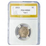 1913 Buffalo Nickel PGA MS64 Type 1