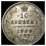 1909 Russia SIlver 10 Kopeks