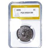 1836 Coronet Head Large Cent PGA MS64 BN