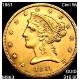 1861 Civil War $5 Gold Half Eagle CHOICE BU