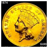 1874 $3 Gold Piece CLOSELY UNCIRCULATED