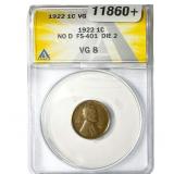 1922 Wheat Cent ANACS VG8 No D FS-401 Die 2