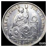 1865 Peru Silver 1/2 Sol KM 195