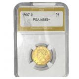 1907-D $5 Gold Half Eagle PGA MS65+