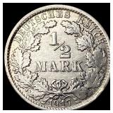 1917F Germany Silver 1/2 Mark