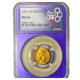 1902 AP Russia .1245oz Gold 5 Roubles NGC MS65
