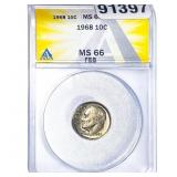 1968 Roosevelt Dime ANACS MS66 FSB