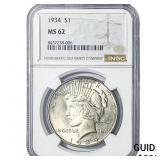 1934 Silver Peace Dollar NGC MS62