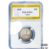 1839 Seated Liberty Quarter PGA AU53+ Toned