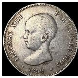 1892 Spain Silver 5 Pesetas Alfonso XIII LIGHTLY C