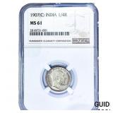 1907[C] British India Silver 1/4 Rupee NGC MS61