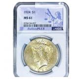 1924 Silver Peace Dollar NGC MS61