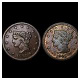 [2 Coins] 1843& 1845 Braided Hair Large Cent LIGHT