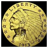 1913 Indian Head Gold $2.50 Quarter Eagle NEARLY U