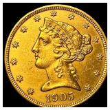1905 Liberty Head Half Eagle $5 Gold CLOSELY UNCIR