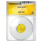 1929 $2.50 Gold Quarter Eagle ANACS MS63