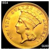 1854 $3 Gold Piece CHOICE BU