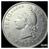 1939 Dominican Republic Silver 1 Peso