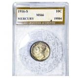 1916-S Mercury Silver Dime PNCI MS66