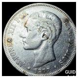 1877 Spain Silver 5 Pesetas .7234oz ASW